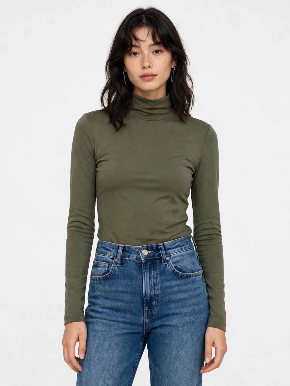 Zara Olive Green Fitted Turtleneck Long Sleeve Top